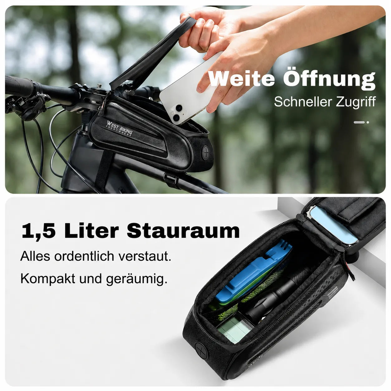 Fahrrad Rahmentasche mit Touch‑Sichtfenster und 1,5 Liter Stauraum – weite Öffnung für schnellen Zugriff unterwegs