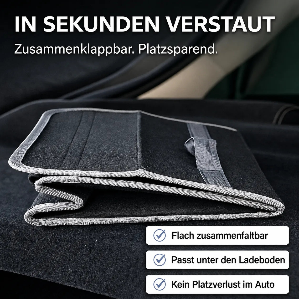 Filz-Kofferraum-Organizer flach zusammenfaltbar, platzsparend verstaubar und ideal für jedes Auto