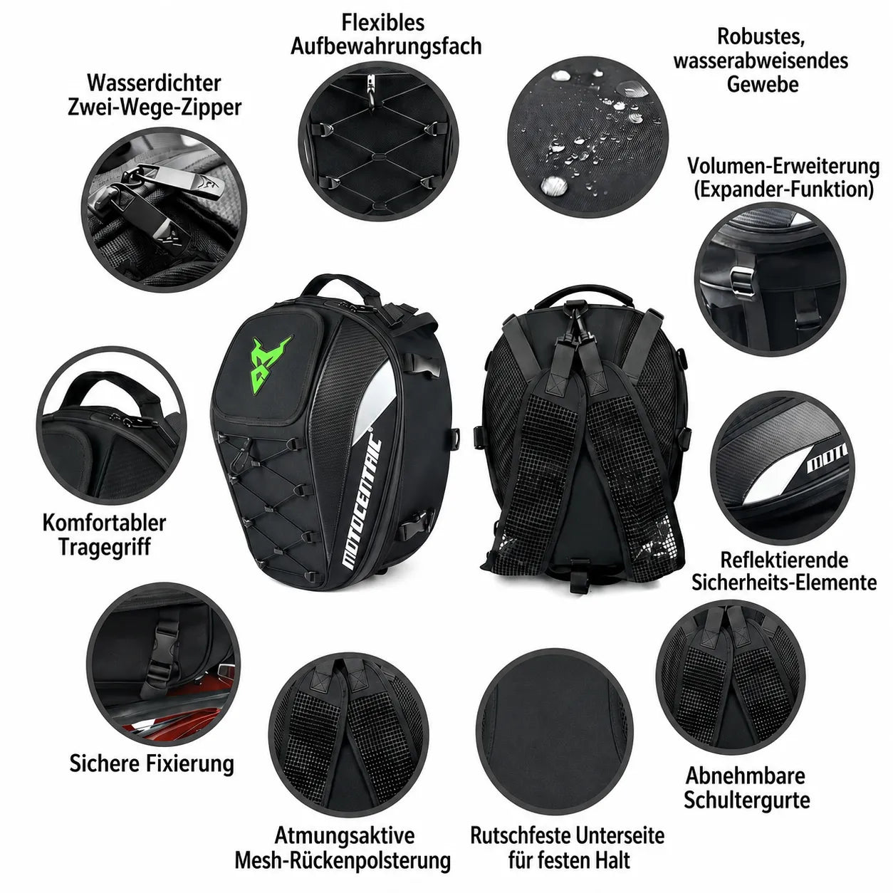 2-in-1-Motorradtasche wasserabweisend mit Reflektoren, Expander-Funktion und komfortablen Schultergurten