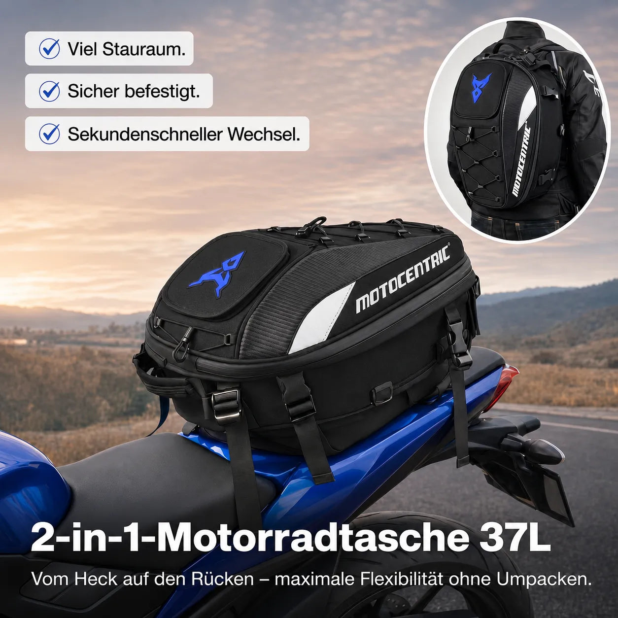 2-in-1-Motorradtasche 37L mit viel Stauraum, sicher befestigt und schnell vom Heck zum Rucksack wandelbar