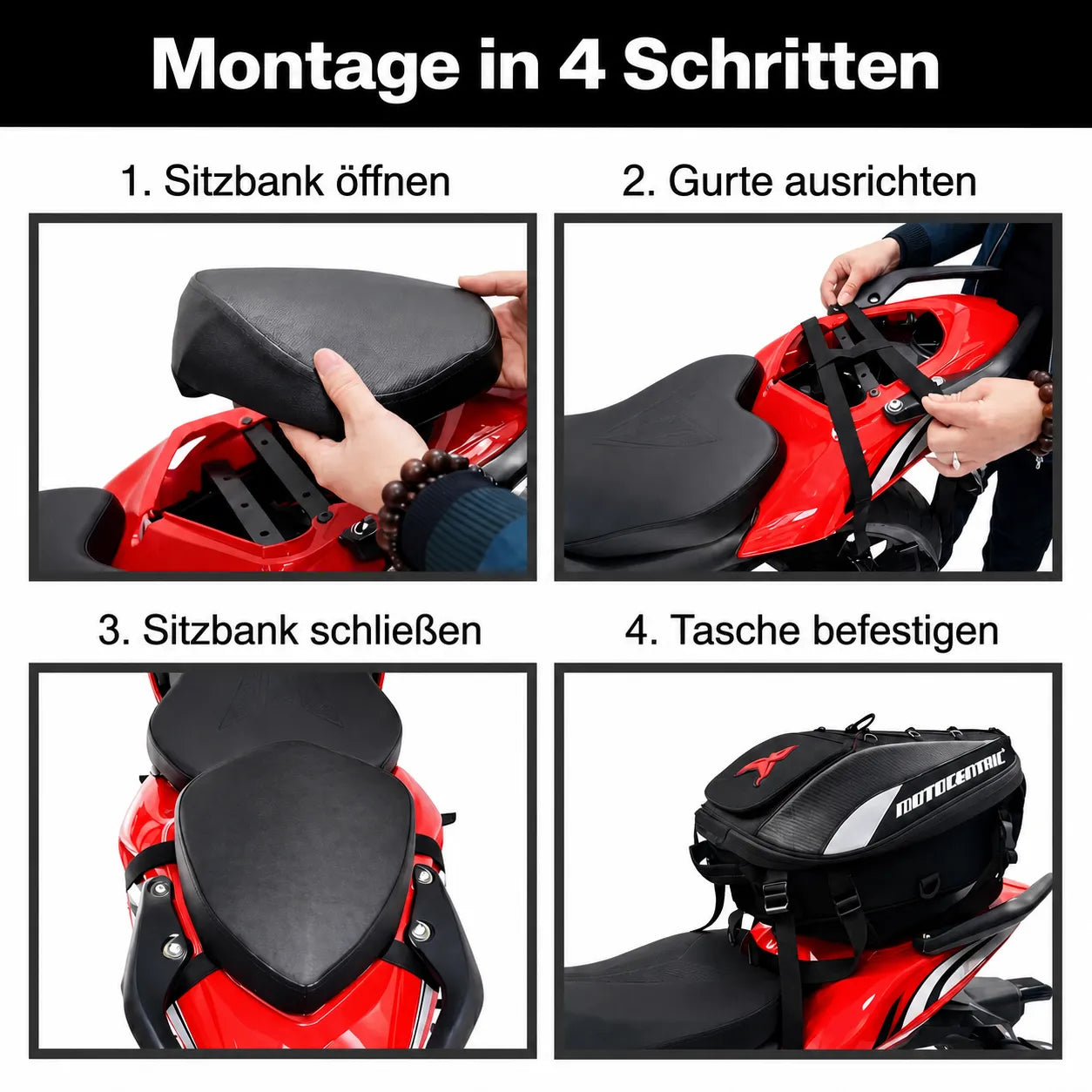 2-in-1-Motorradtasche einfach montiert in 4 Schritten, sicher befestigt und schnell einsatzbereit