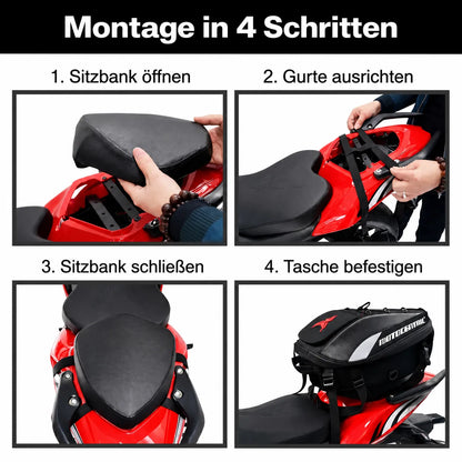 2-in-1-Motorradtasche einfach montiert in 4 Schritten, sicher befestigt und schnell einsatzbereit