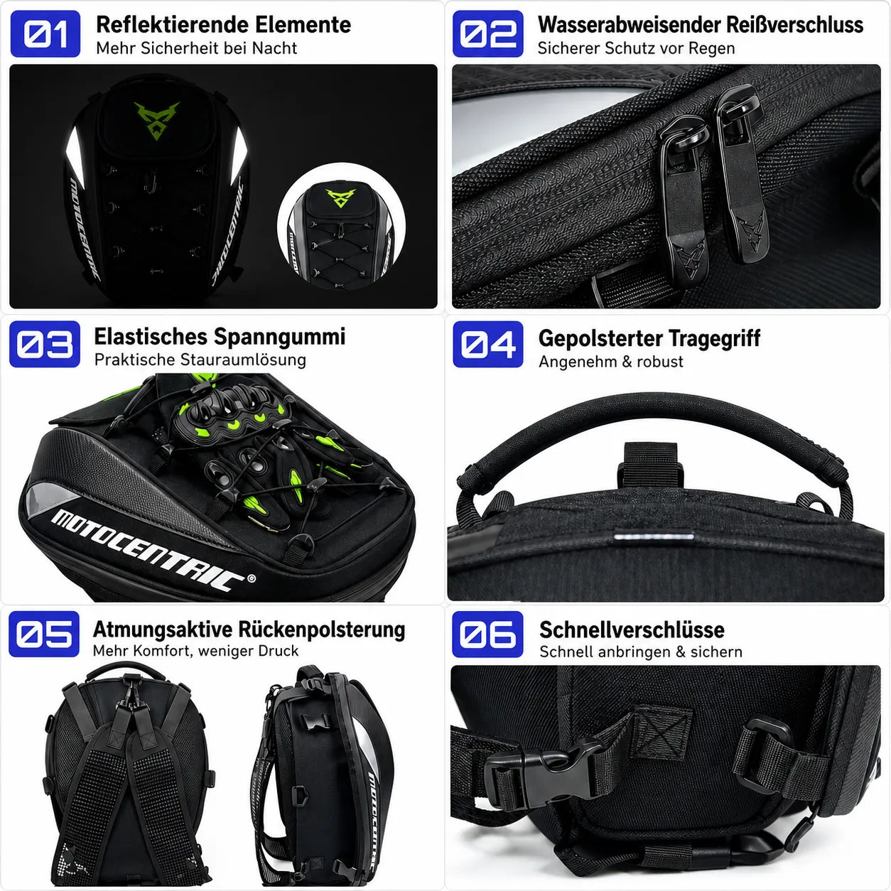 2-in-1-Motorradtasche mit Reflektoren, wasserabweisendem Reißverschluss und atmungsaktiver Polsterung für maximalen Komfort