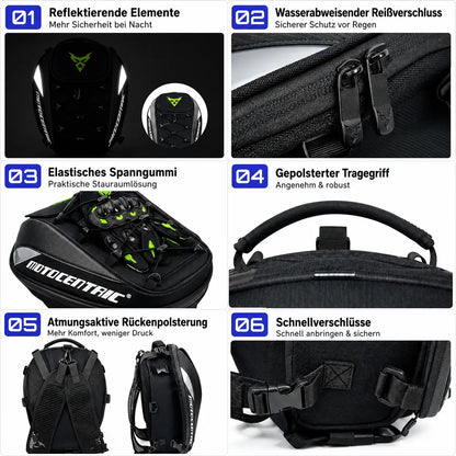 2-in-1-Motorradtasche mit Reflektoren, wasserabweisendem Reißverschluss und atmungsaktiver Polsterung für maximalen Komfort