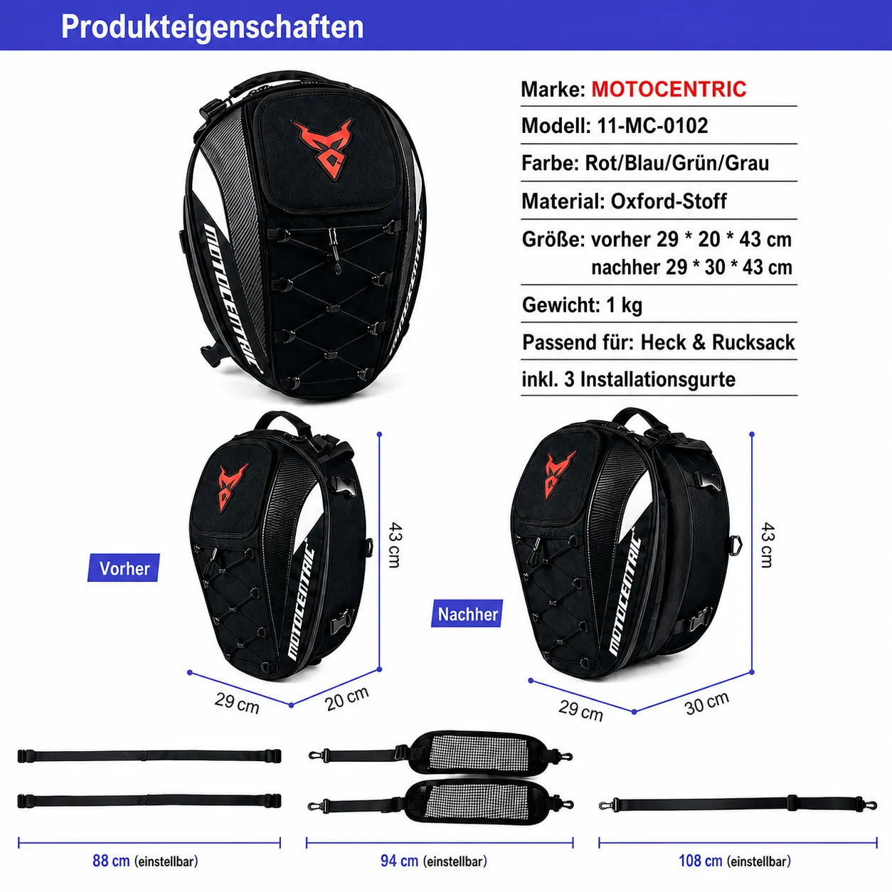 2-in-1-Motorradtasche aus Oxford-Stoff, erweiterbar, leicht und passend für Heck oder Rucksack