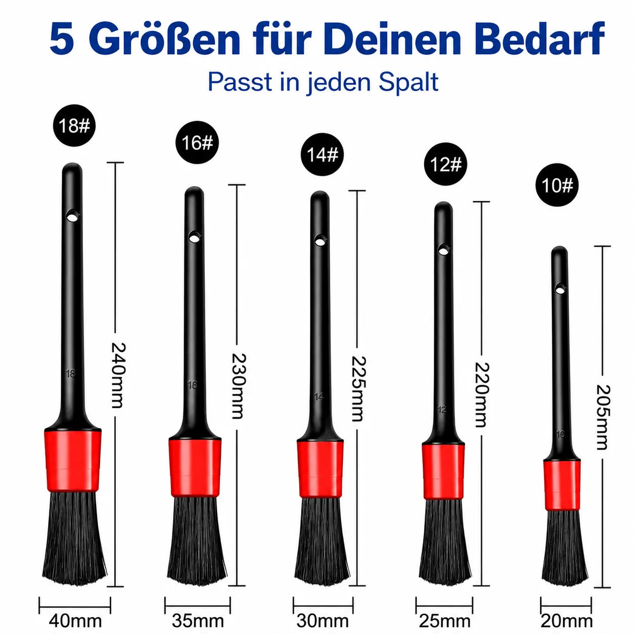 5er Set Detailing Pinsel Größen 10–18 – verschiedene Durchmesser für Auto Innenraum, Felgen & Lüftungsschlitze.