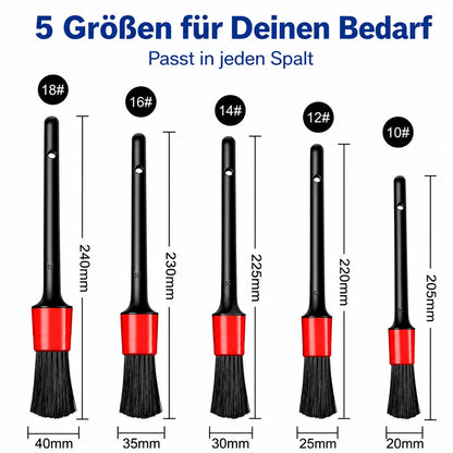 5er Set Detailing Pinsel Größen 10–18 – verschiedene Durchmesser für Auto Innenraum, Felgen & Lüftungsschlitze.