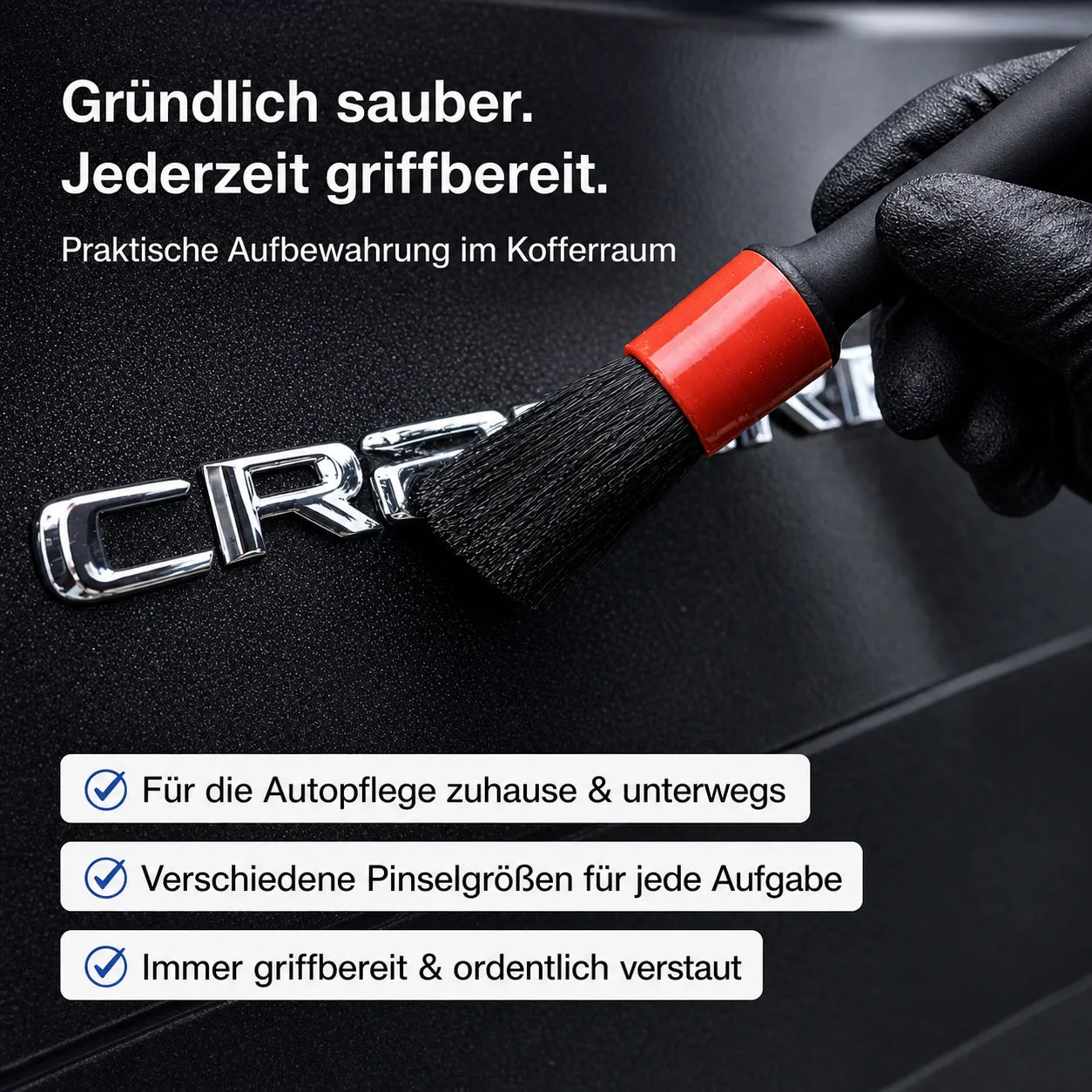 Auto Detailing Pinsel für präzise Autopflege – gründliche und schonende Reinigung von Emblemen und Details im Kofferraum