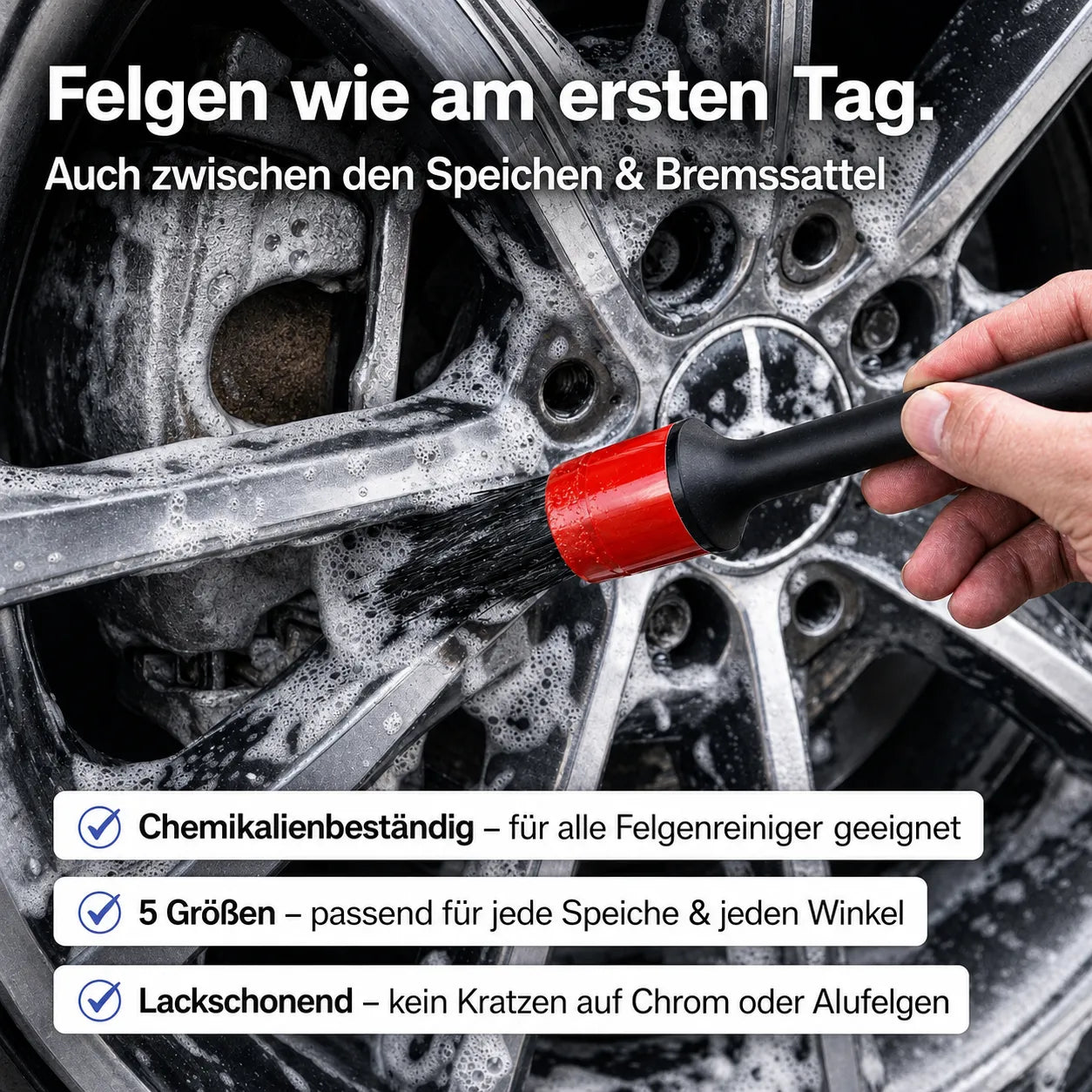 Auto Detailing Pinsel für Felgenreinigung – lackschonende Bürste zur gründlichen Reinigung zwischen Speichen und Bremsen