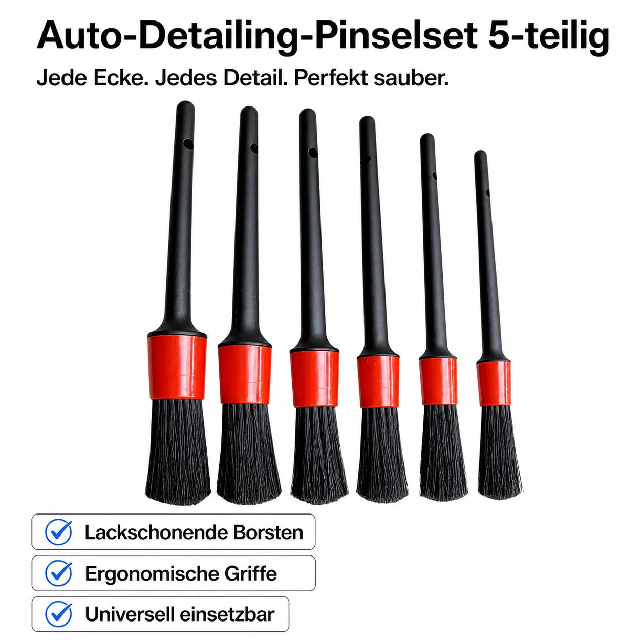 Auto Detailing Pinselset 5‑teilig mit lackschonenden Borsten – ergonomische Reinigungsbürsten für präzise Fahrzeugpflege