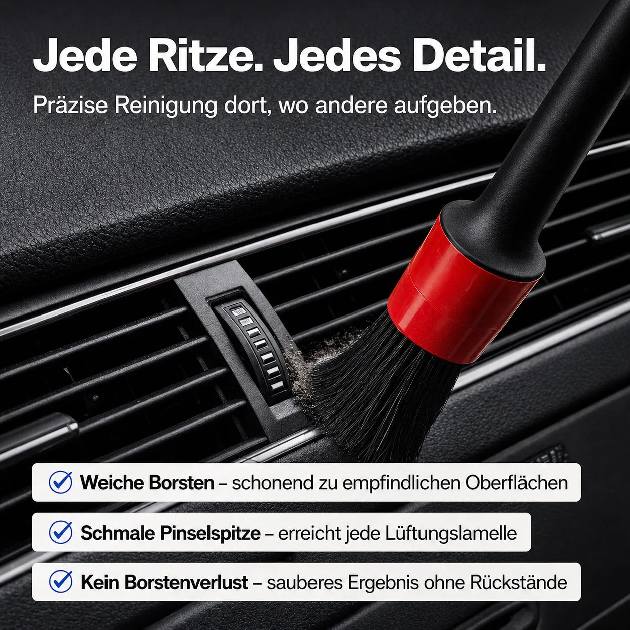 Auto Detailing Pinsel mit weichen Borsten zur präzisen Reinigung von Lüftungsschlitzen im Innenraum – schonend und gründlich