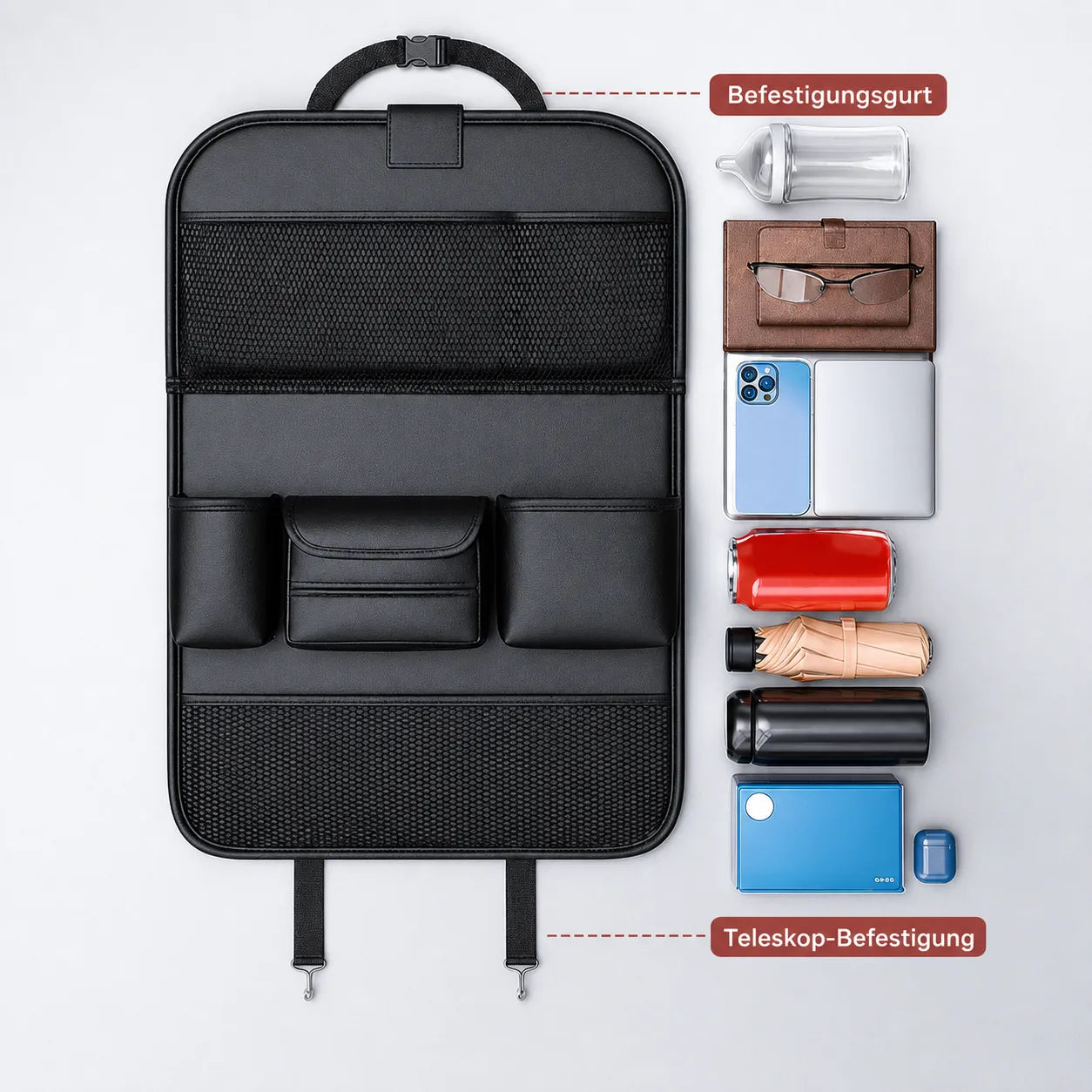 Auto Sitz Organizer mit Befestigungsgurt & Teleskop-Haken – viele Fächer für Tablet, Flaschen & Zubehör, stabil & platzsparend.