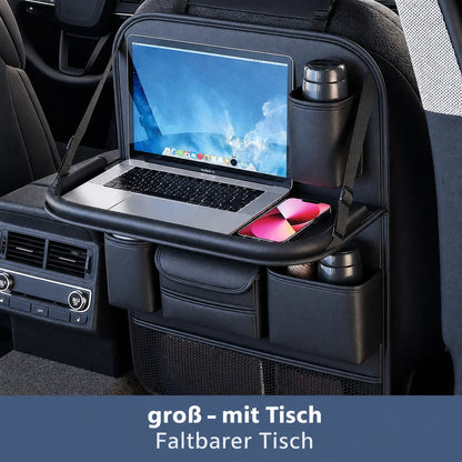 Auto Sitz Organizer groß mit Klapptisch – Rücksitz Tasche für Laptop, Tablet & Getränke, ideal für lange Fahrten.