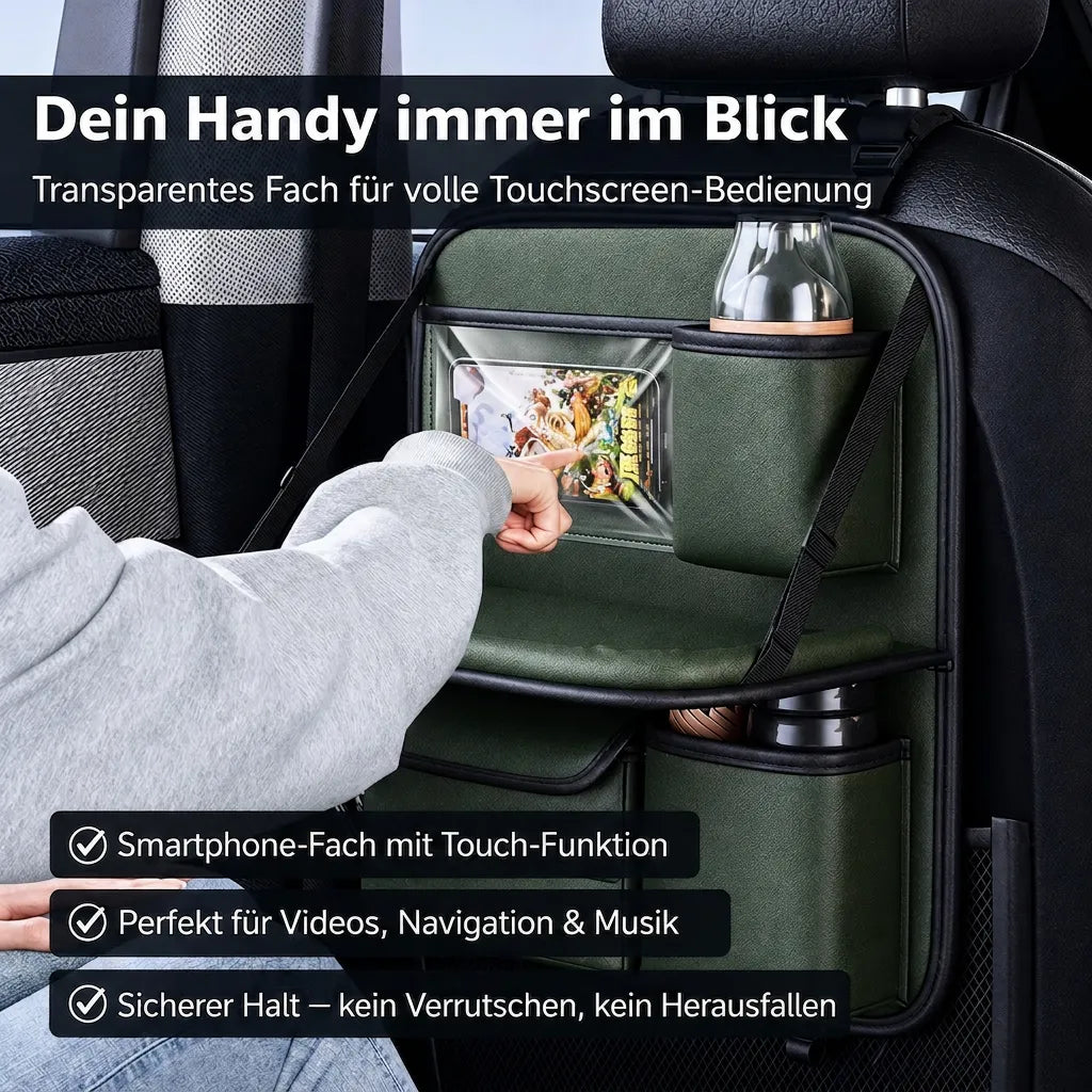 Auto Sitz Organizer mit transparentem Smartphone-Fach – Touchscreen nutzbar, sicherer Halt für Handy, ideal für Reisen.