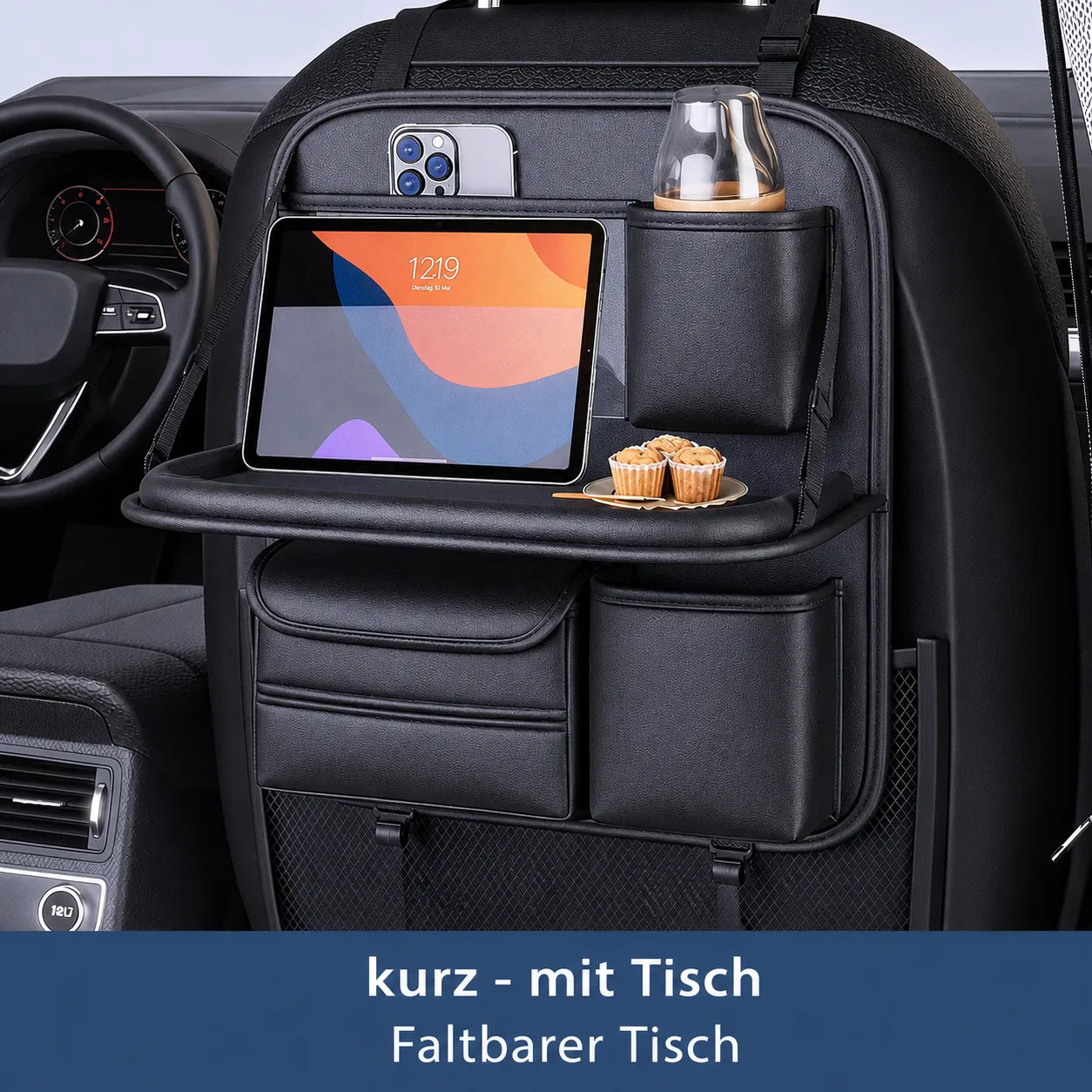 Auto Sitz Organizer kurz mit Klapptisch – Rücksitz Tasche mit Tabletfach & Getränkehalter, ideal für Reisen.
