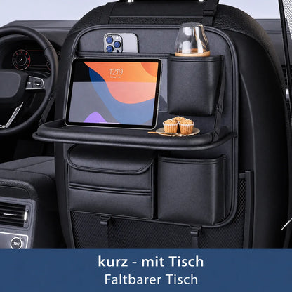Auto Sitz Organizer kurz mit Klapptisch – Rücksitz Tasche mit Tabletfach & Getränkehalter, ideal für Reisen.