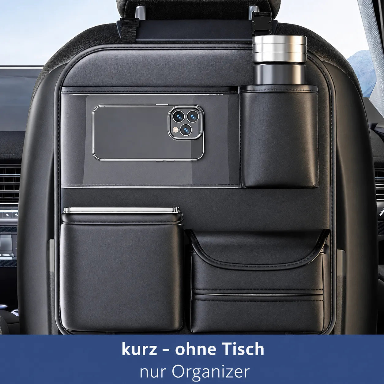 Auto Sitz Organizer kurz ohne Tisch – Rücksitz Tasche mit Tablet- & Getränkehalter, kompakt & platzsparend.