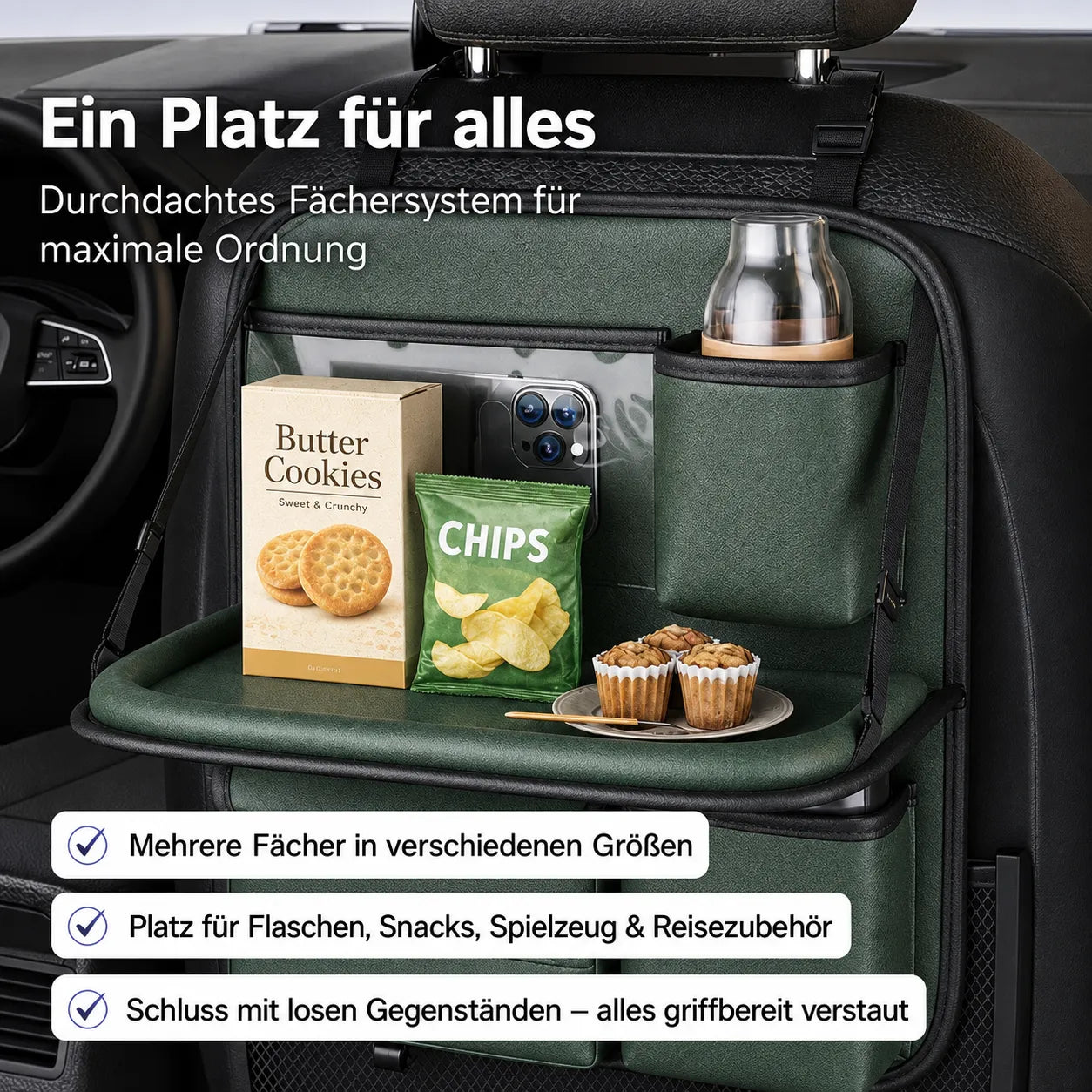 Auto Sitz Organizer mit Klapptisch und Fächern – Rücksitz Tasche für Snacks, Flaschen & Zubehör, Ordnung im Auto.