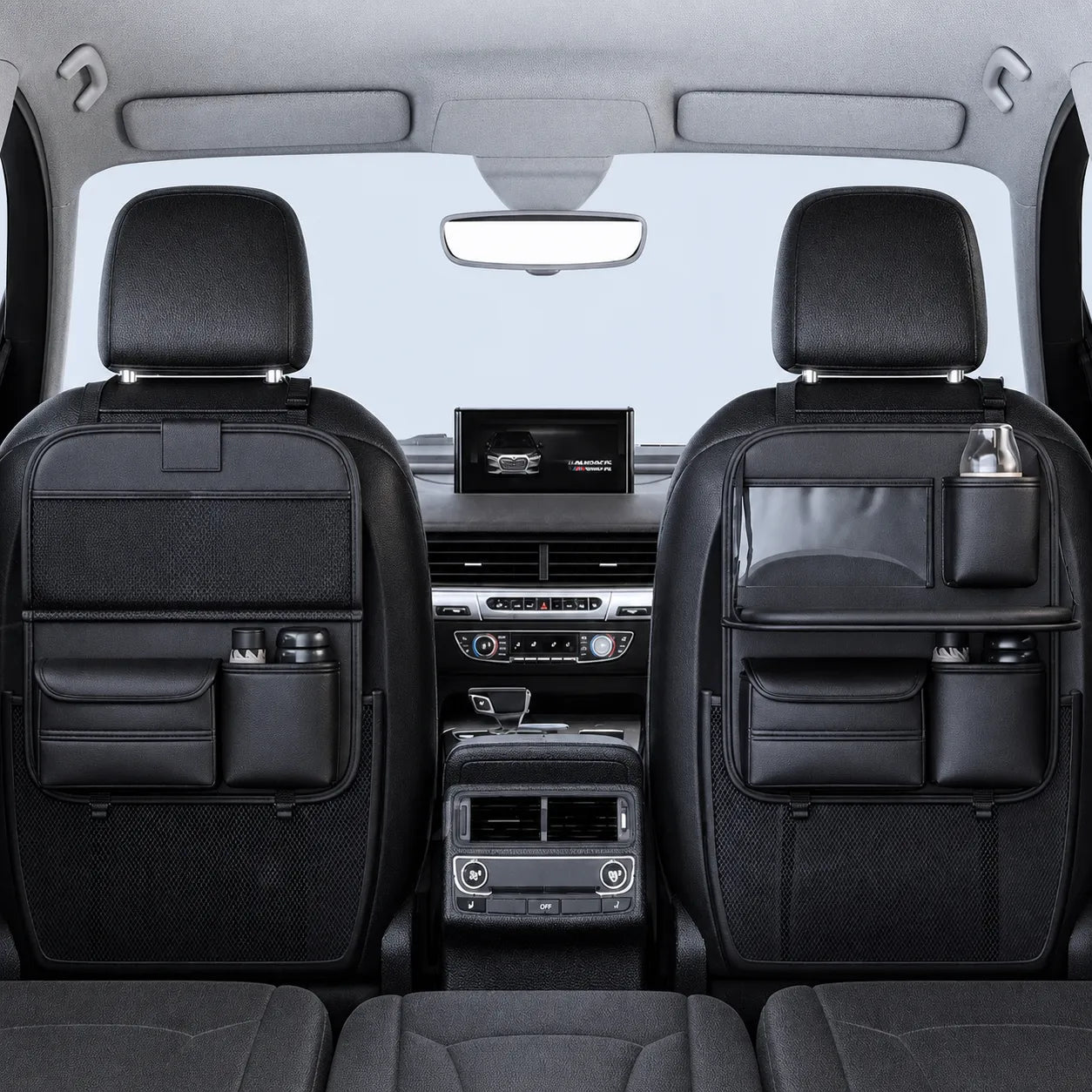 2er Set Auto Sitz Organizer mit Klapptisch & Tabletfach – Rücksitzschutz mit Stauraum für Flaschen & Zubehör.