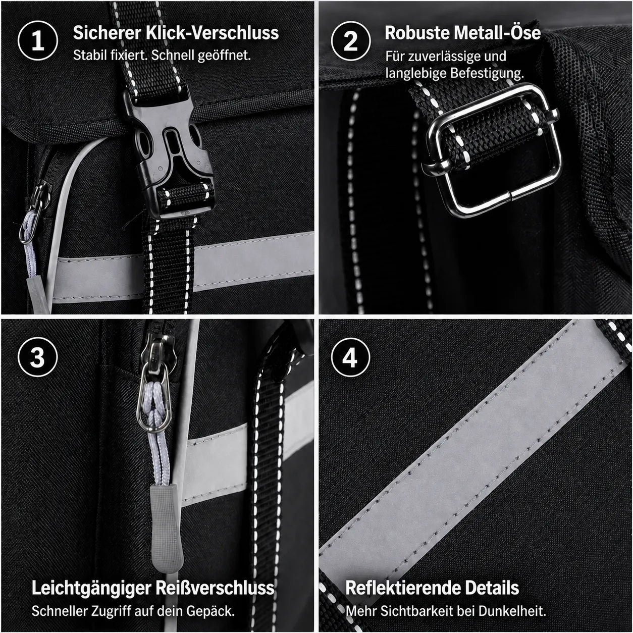 Fahrrad Doppeltasche für Gepäckträger mit Klickverschluss, robuster Metallöse, leichtgängigem Reißverschluss und reflektierenden Details