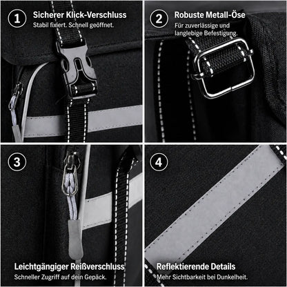 Fahrrad Doppeltasche für Gepäckträger mit Klickverschluss, robuster Metallöse, leichtgängigem Reißverschluss und reflektierenden Details