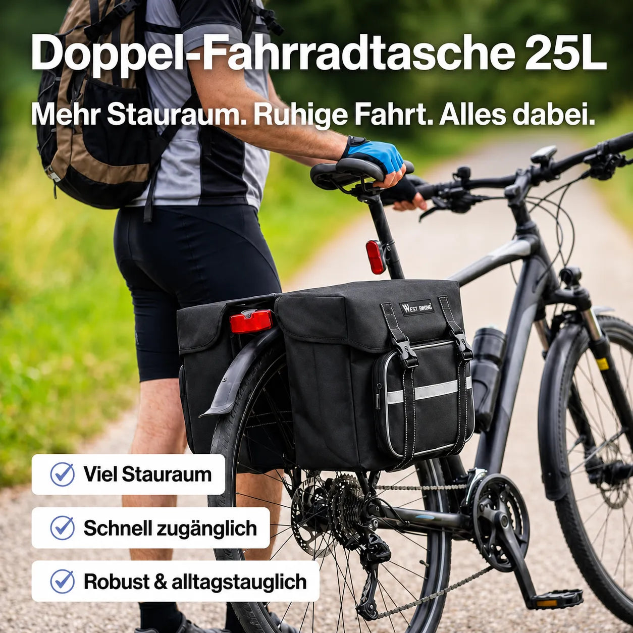Doppel Fahrradtasche 25L für Gepäckträger – viel Stauraum, robust & schnell zugänglich, ideal für Alltag & Touren.