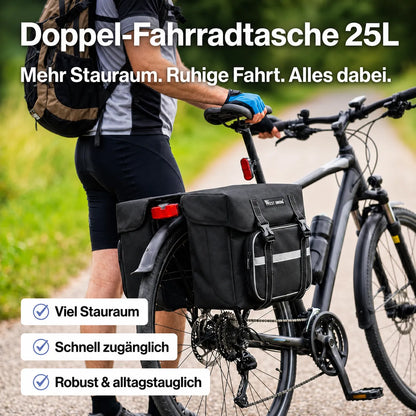 Doppel Fahrradtasche 25L für Gepäckträger – viel Stauraum, robust & schnell zugänglich, ideal für Alltag & Touren.