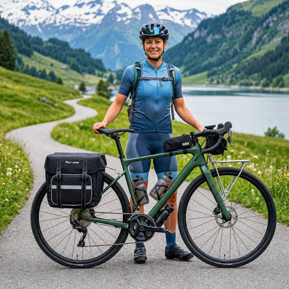 Fahrrad Doppeltasche 25L am Gepäckträger – wasserdicht, robust & ideal für Radtouren, Alltag und Bikepacking.