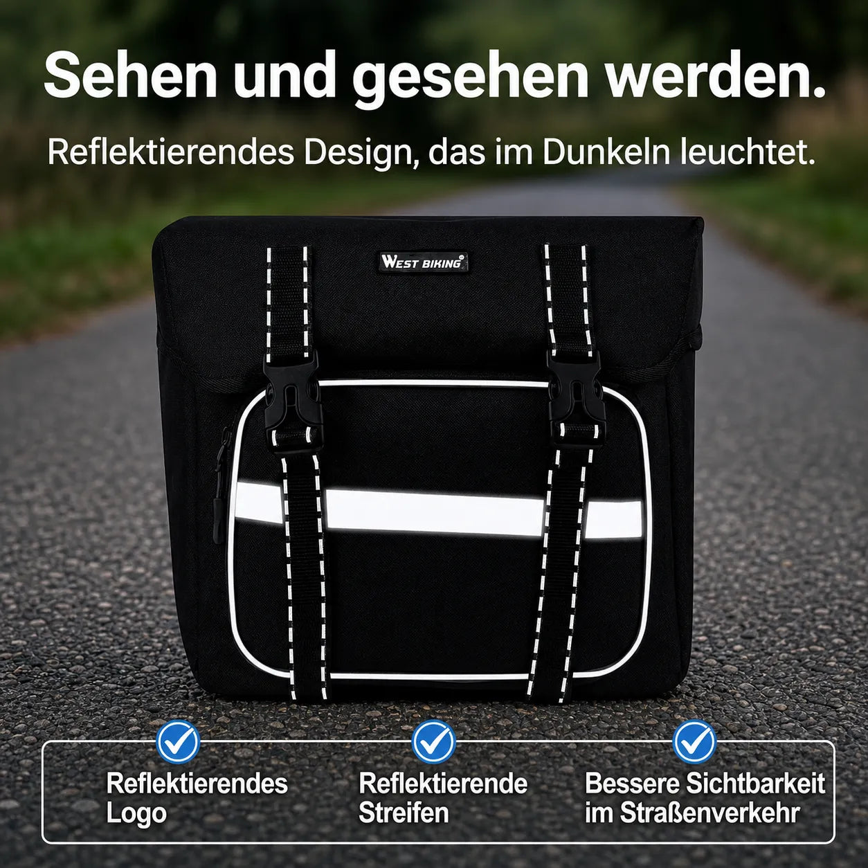 Fahrrad Gepäckträgertasche mit Reflektorstreifen – hohe Sichtbarkeit im Dunkeln, sicher & robust für Alltag und Tour.