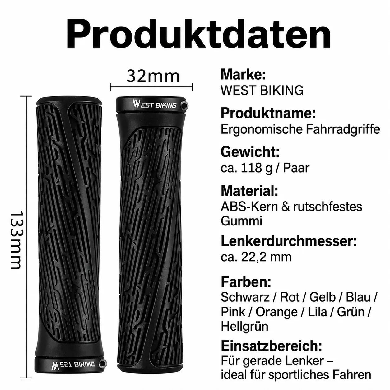 Ergonomisch geformte Fahrradgriffe 133 mm lang und 32 mm Durchmesser – passend für 22,2 mm Lenker mit rutschfestem Grip