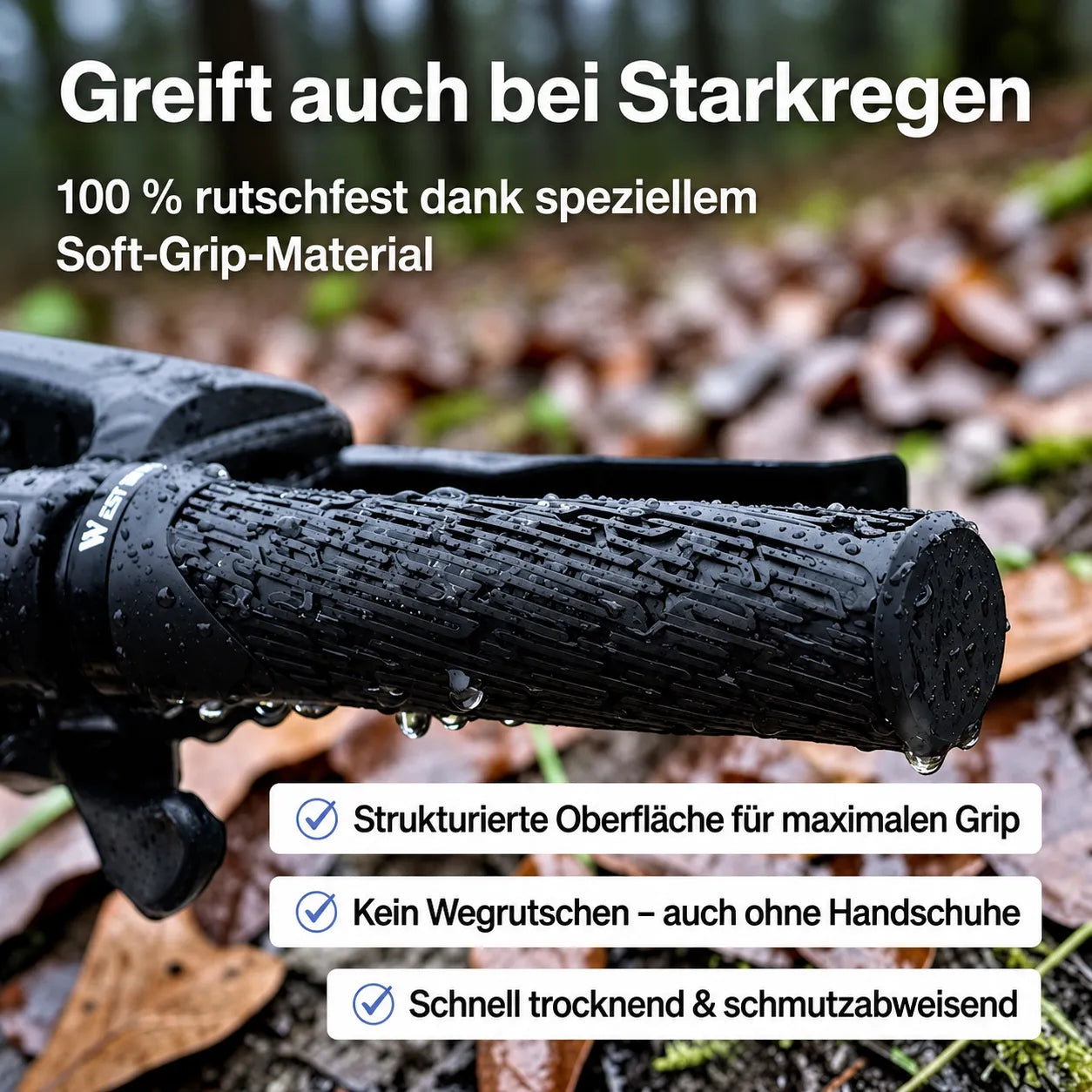Ergonomische Fahrradgriffe mit rutschfester, strukturierter Oberfläche – sicherer Halt auch bei Regen und Nässe