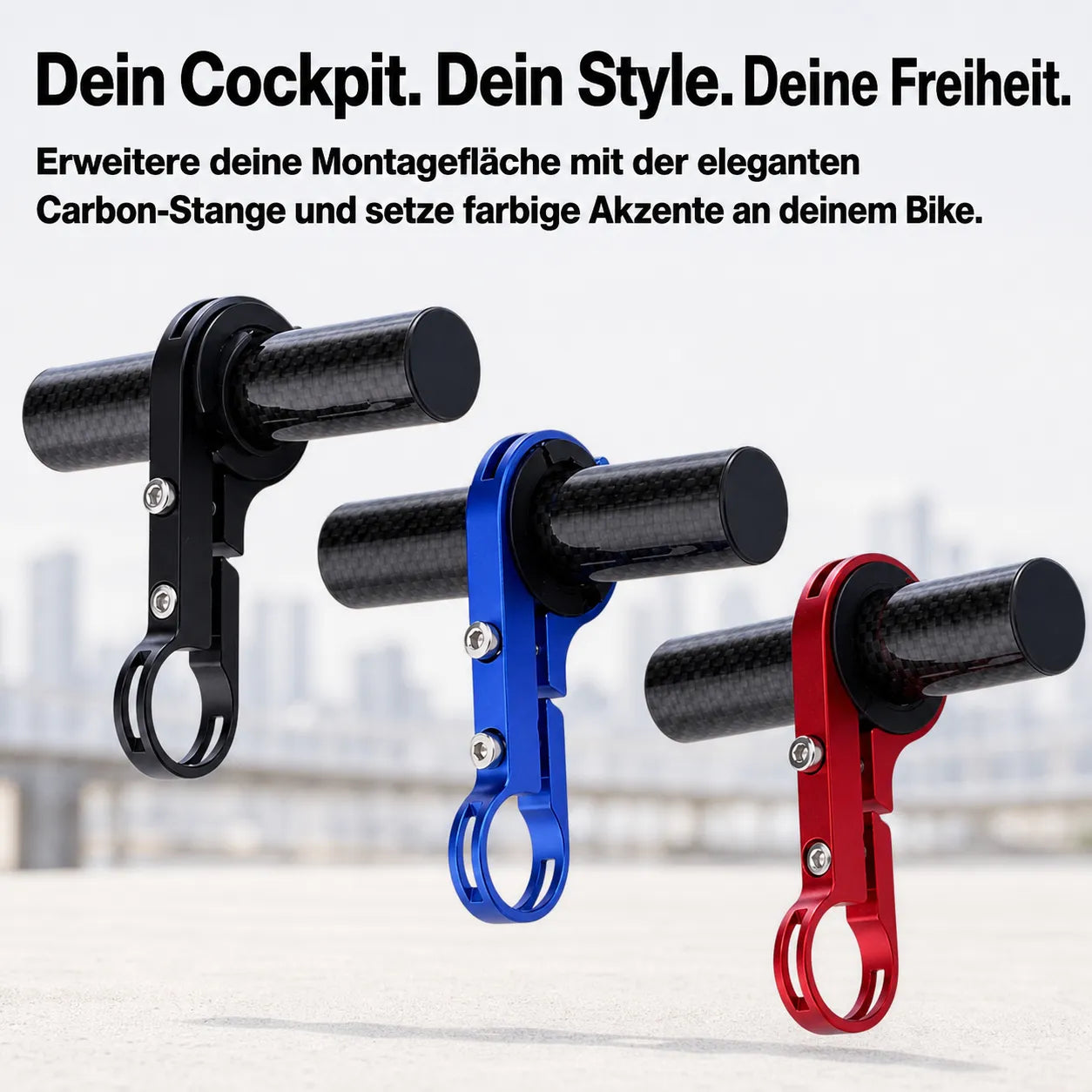 Fahrrad-Lenker-Verlängerung Carbon in Schwarz, Blau & Rot: Mehr Platz & Style fürs Cockpit. Sicher montiert.