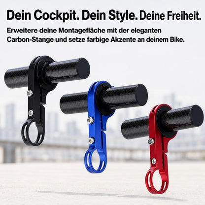 Fahrrad-Lenker-Verlängerung Carbon in Schwarz, Blau & Rot: Mehr Platz & Style fürs Cockpit. Sicher montiert.