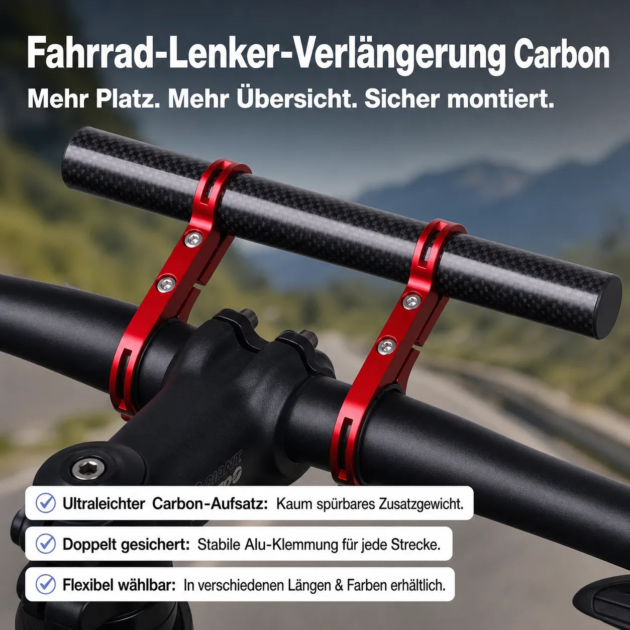 Fahrrad-Lenker-Verlängerung Carbon: Mehr Platz & Übersicht. Ultraleicht & sicher montiert für Dein Zubehör.