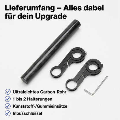 Fahrrad-Lenker-Verlängerung Carbon Set: Alles für dein Upgrade. Mehr Platz, Übersicht & sicher montiert inkl. Werkzeug.
