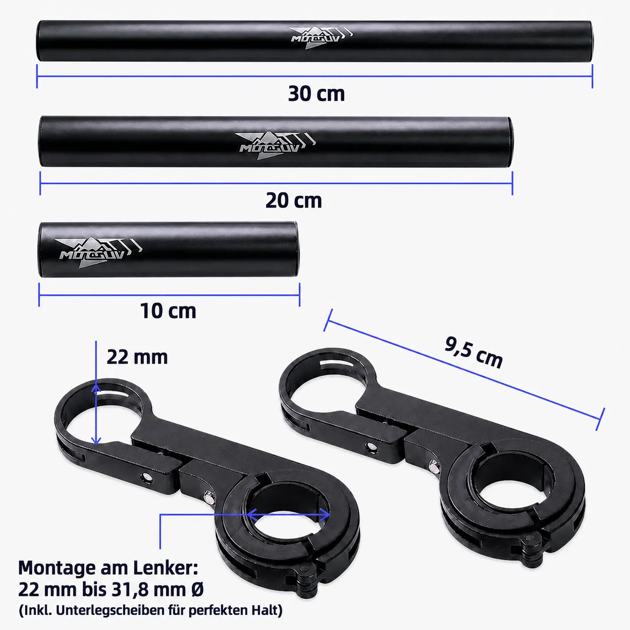 Fahrrad‑Lenker‑Erweiterung in 10, 20 oder 30 cm – passend für Lenker mit 22–31,8 mm Durchmesser.