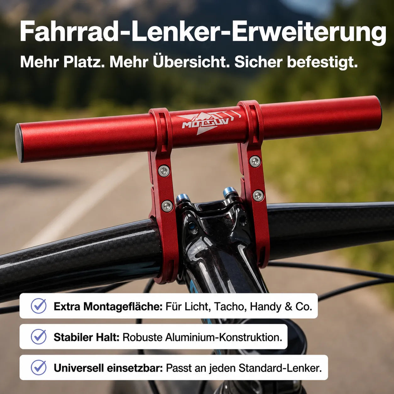Fahrrad-Lenker-Erweiterung – mehr Platz für Licht & Handy, stabil befestigt & universell an jedem Lenker.
