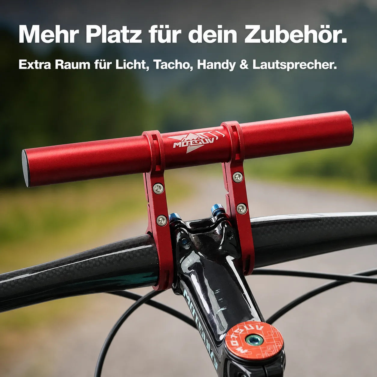 Fahrrad-Lenker-Erweiterung – mehr Platz, mehr Übersicht & sicher befestigt für Zubehör wie Licht und Handy.
