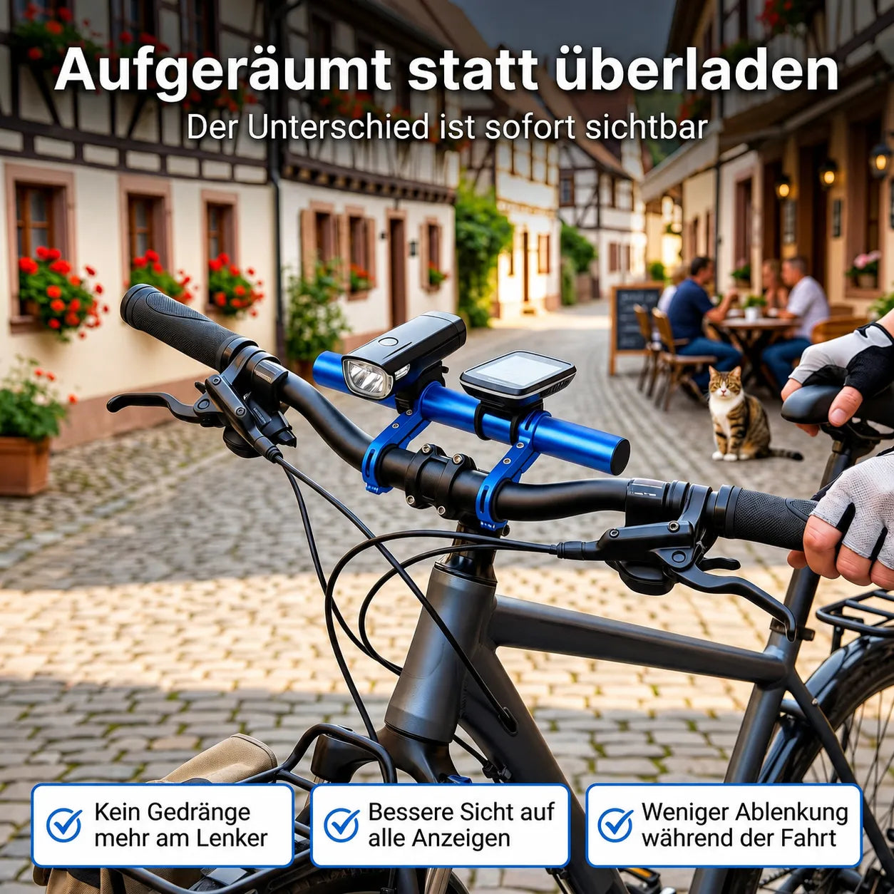 Fahrrad Lenkerverlängerung mit zusätzlicher Montagefläche – sorgt für mehr Übersicht und Platz für Fahrradcomputer und Licht
