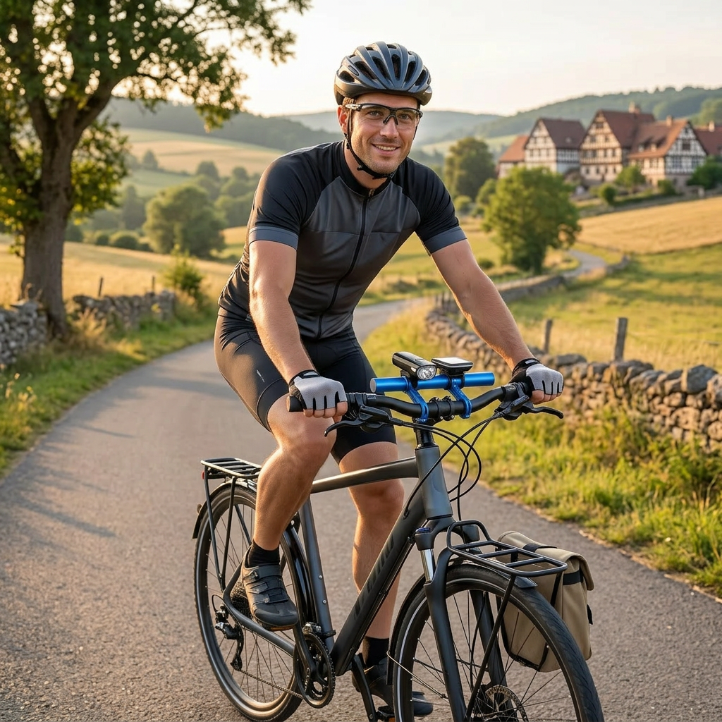 Lenker-Verlängerung am E-Bike-Lenker montiert mit aufgeräumter Anordnung von Fahrrad-Zubehör