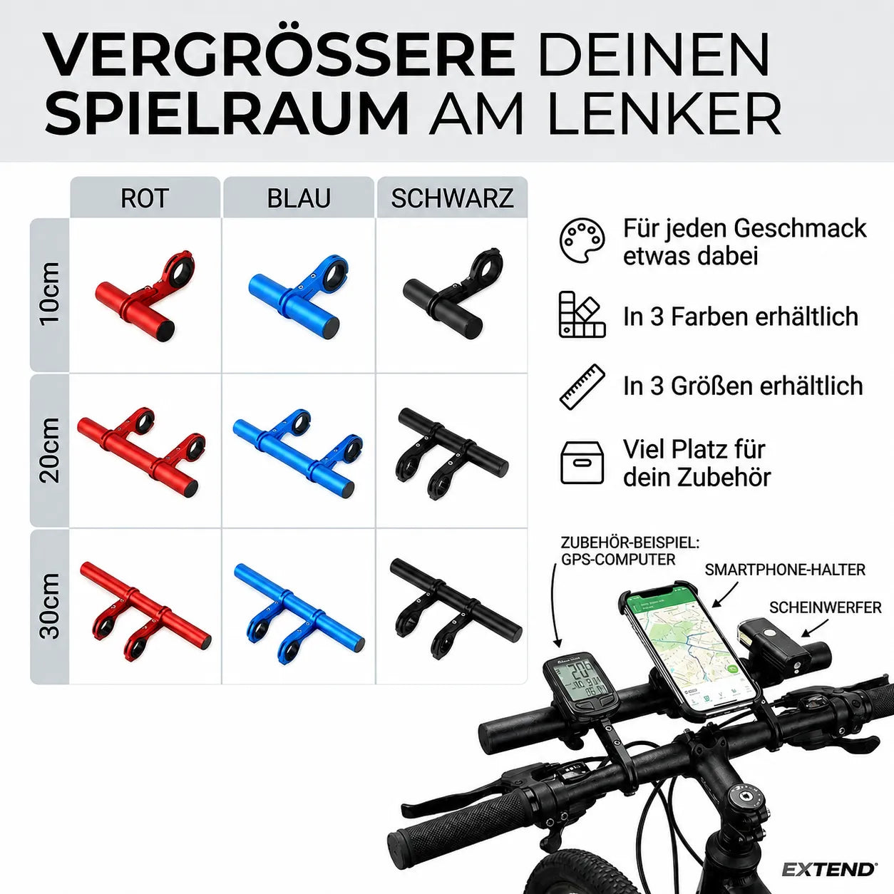 Fahrrad Lenkerverlängerung in 10, 20 und 30 cm – zusätzliche Montagefläche für GPS, Smartphone und Beleuchtung