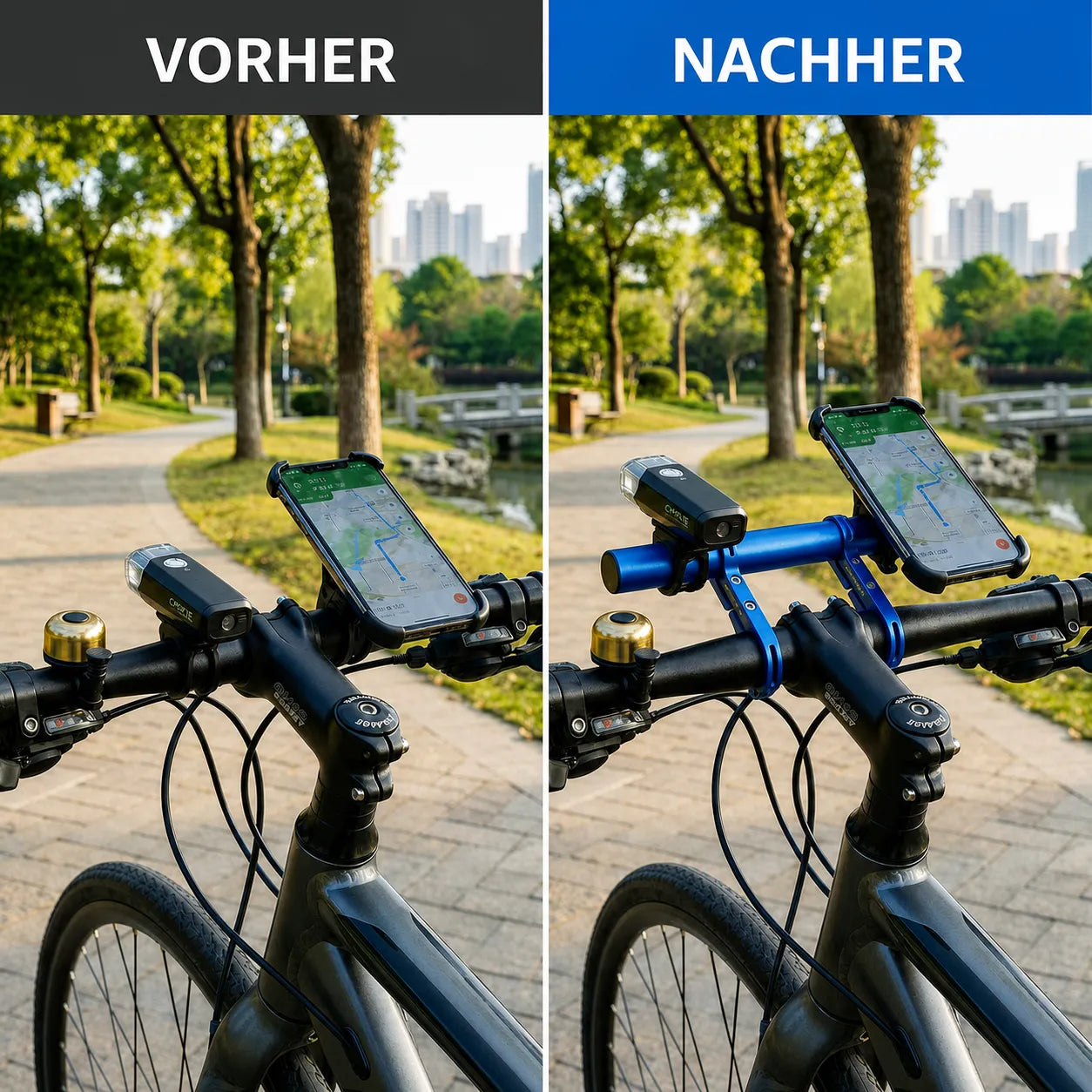 Fahrrad Lenkerverlängerung im Vorher‑Nachher‑Vergleich – schafft mehr Platz für Smartphone und Fahrradlicht am Lenker