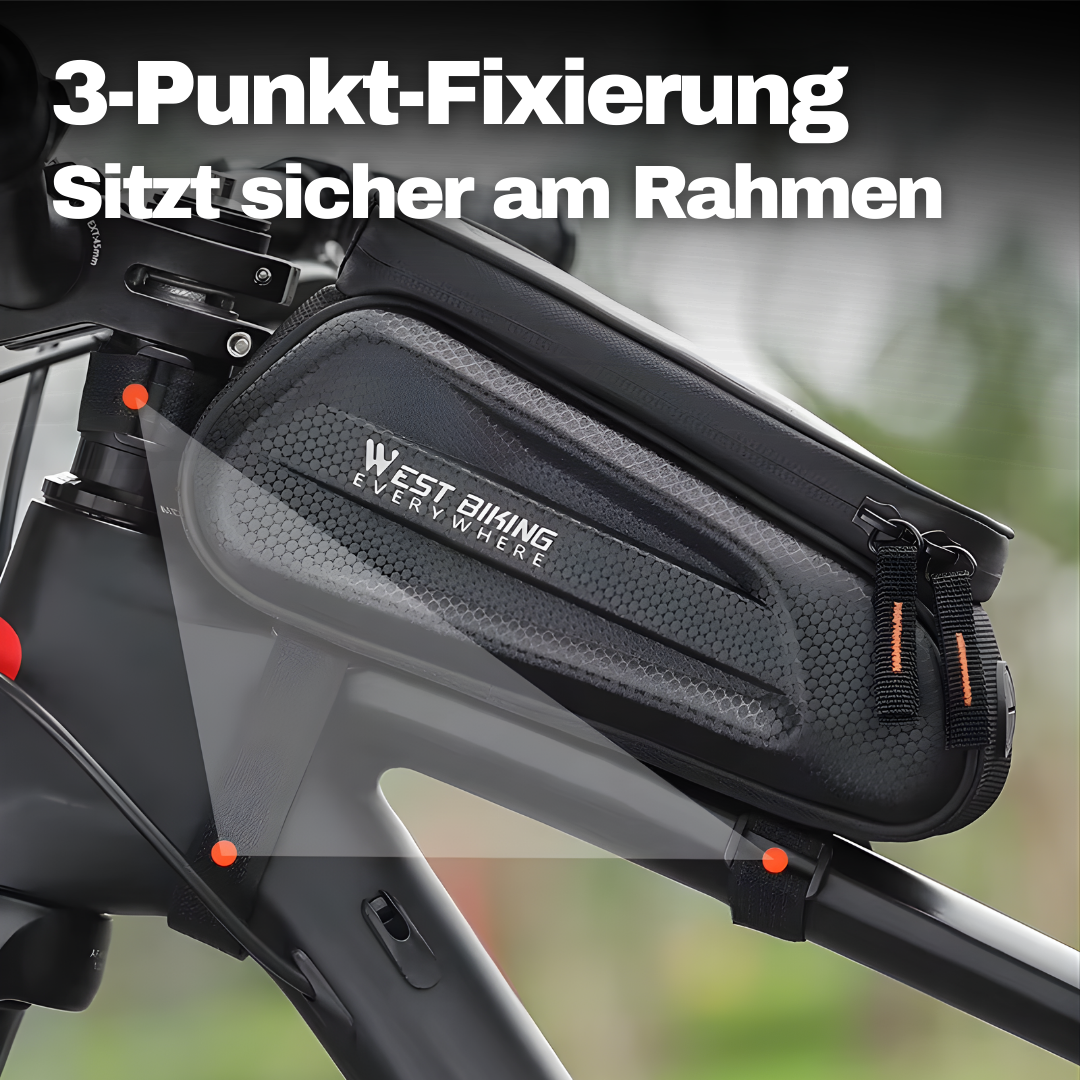 Seitenansicht der Fahrrad-Rahmentasche am Oberrohr mit kompaktem Design und aerodynamischer Passform