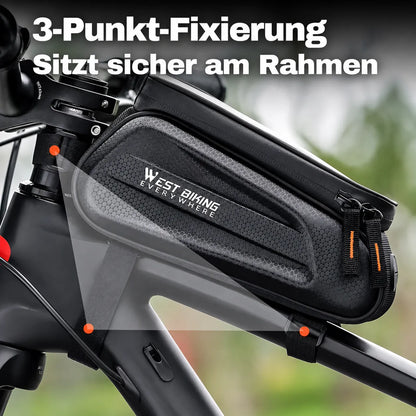 Fahrrad Rahmentasche mit Touch‑Sichtfenster und 3‑Punkt‑Fixierung – sitzt sicher und stabil am Rahmen