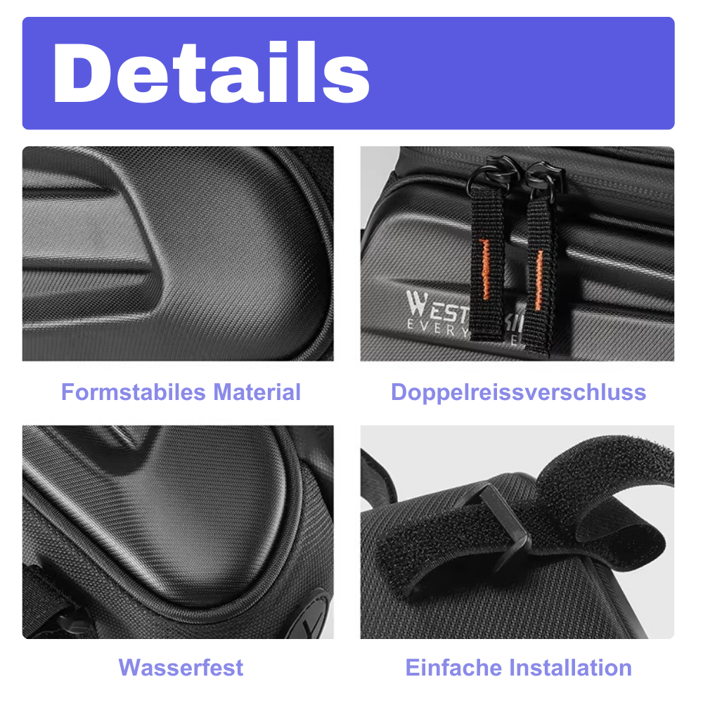 Nahaufnahme der Befestigungsgurte der Rahmentasche am Fahrradrahmen für sicheren Halt auf unebenen Wegen