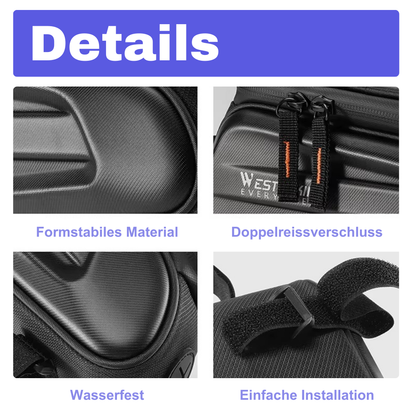 Nahaufnahme der Befestigungsgurte der Rahmentasche am Fahrradrahmen für sicheren Halt auf unebenen Wegen