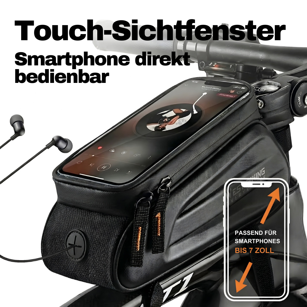 Rahmentasche am Oberrohr eines Fahrrads befestigt mit stabilem Klettverschluss und rutschfester Fixierung