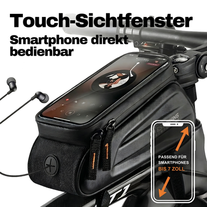 Rahmentasche am Oberrohr eines Fahrrads befestigt mit stabilem Klettverschluss und rutschfester Fixierung