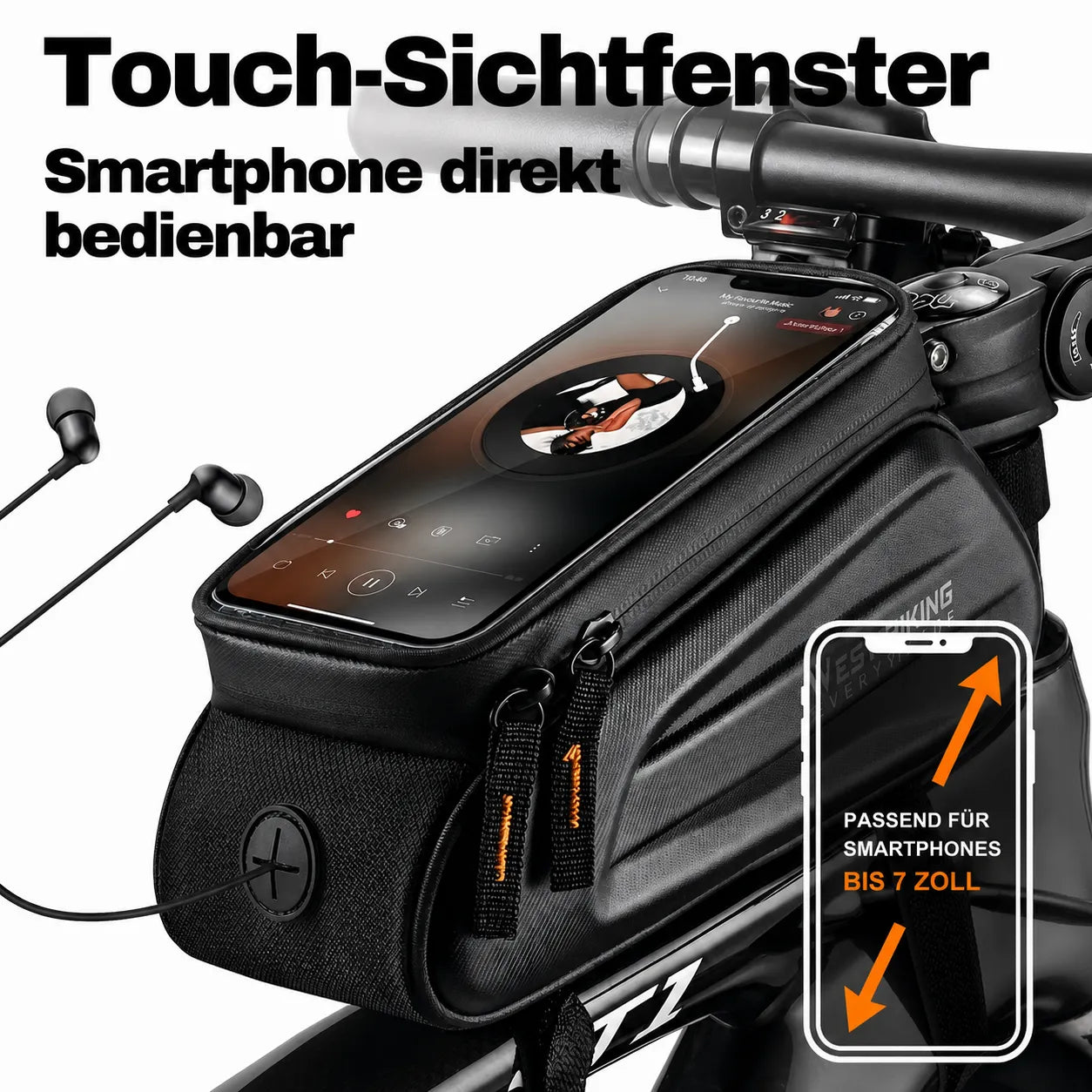 Fahrrad Rahmentasche mit Touch‑Sichtfenster für Smartphones bis 7 Zoll – einfache Navigation und Bedienung direkt am Lenker