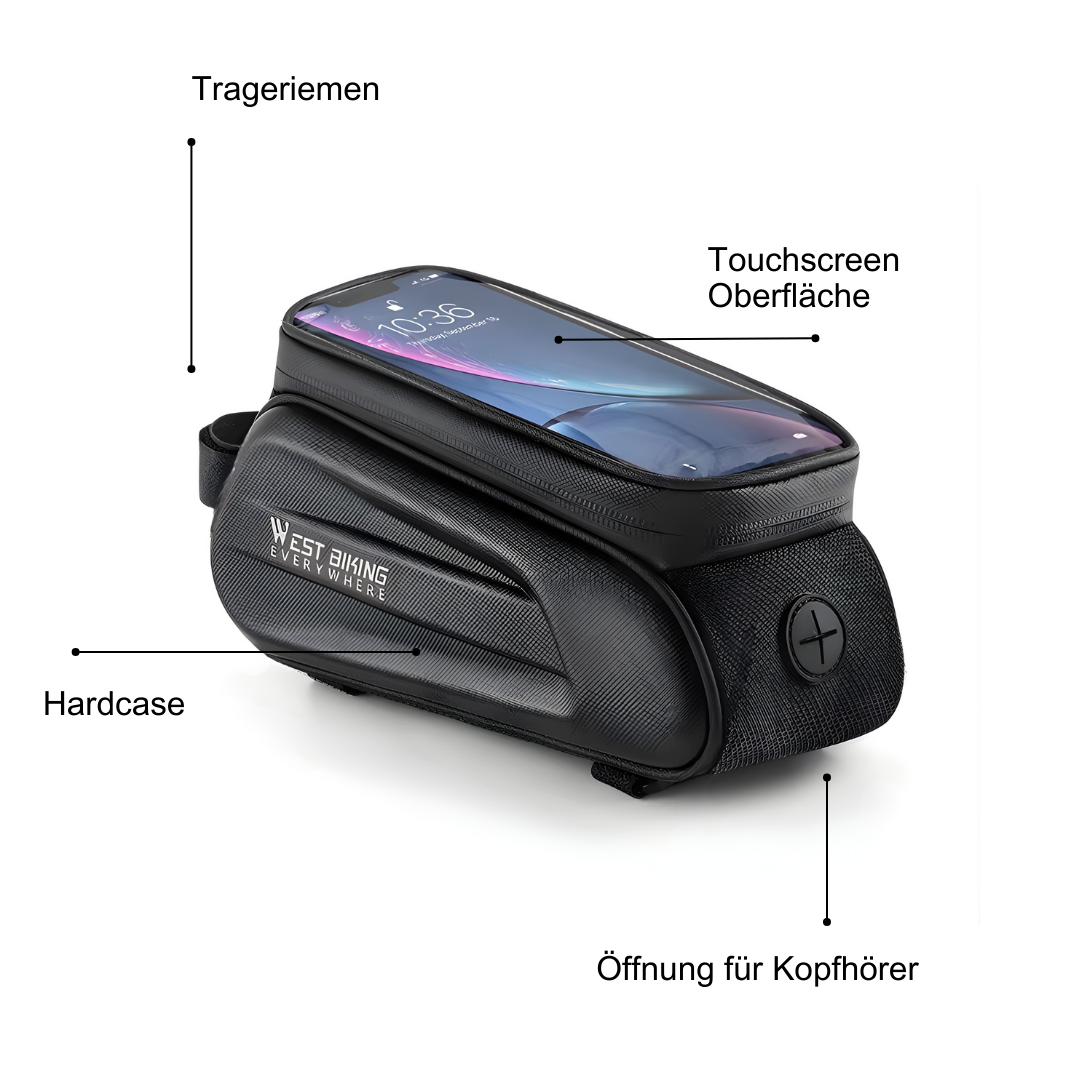Fahrrad-Rahmentasche in Schwarz mit wasserabweisender Oberfläche bei Regenspritzern als Wetterschutz-Demonstration